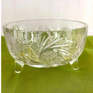 VTG American Brilliant Clear Cut Glass 3 Footed Bowl Fan & Hobstar‎ Pattern